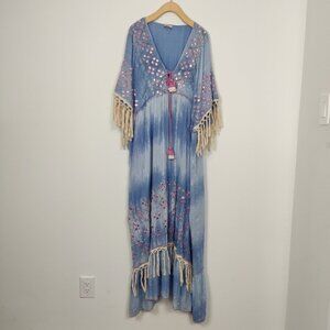 Women's Bohemian Ruffle Tiered Maxi Kimono Dress Size 1X Kleid Beach Resortwear